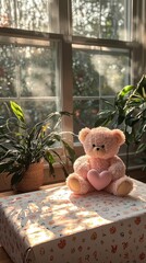 Adorable teddy bear sitting on a gift box by the window