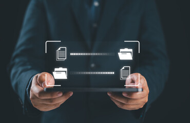 Poster - Data Sync concept, Transfer file of data between folder, Backup data, Exchange of file on folder, Send document in internet, DMS. Virtual document loading to another folder and hand holding tablet.