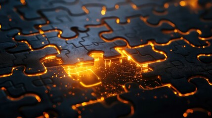 Poster - Abstract puzzle piece network with glowing connections, digital integration theme