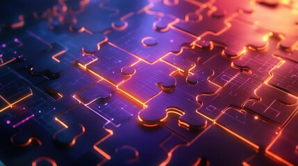 Poster - Abstract puzzle piece network with glowing connections, digital integration theme
