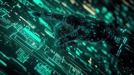 Aufkleber - Advanced robot hand pointing at digital network background, with circuit board and glowing tech