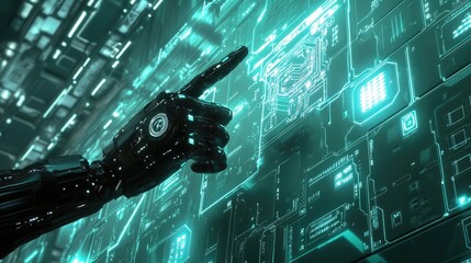Aufkleber - Advanced robot hand pointing at digital network background, with circuit board and glowing tech