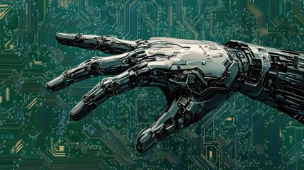 Poster - AI robot hand reaching towards a digital circuit board background, futuristic and tech-focused
