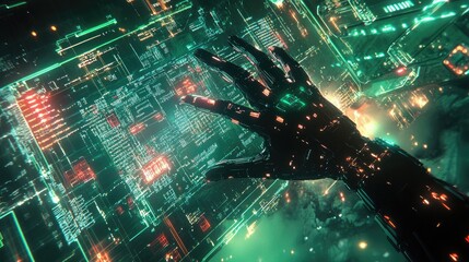 Poster - AI robotic hand gesturing towards tech interface, surrounded by digital circuits and lights