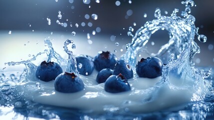 Poster - Blueberries splashing into thick yogurt, rich texture and freshness