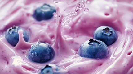 Poster - Blueberries splashing into thick yogurt, rich texture and freshness