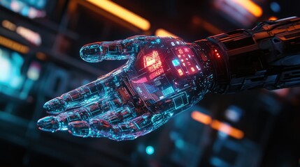 Poster - Close-up of a robotic hand with transparent layers, futuristic aesthetic with neon lights