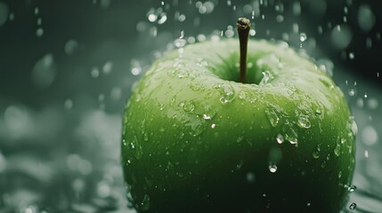 Poster - Close-up of green apple with water splash against a deep green background, refreshing and crisp