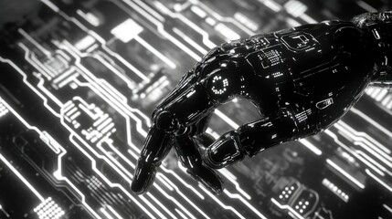 Poster - Close-up of robotic hand pointing to virtual technology background with circuit lines