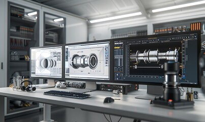 Aufkleber - A modern workspace with three high-resolution monitors displaying intricate designs, featuring a camera lens and high-tech equipment, emphasizing productivity and creativity.