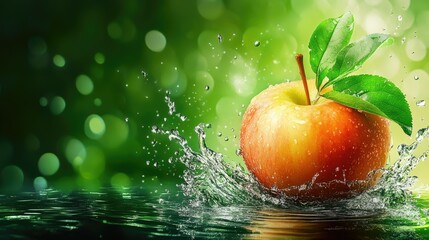 Poster - Fresh apple with splashing water on a dark green background, refreshing look