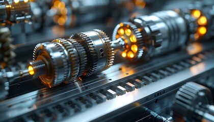 Poster - A detailed, close-up view of metallic gears and components, featuring illuminated elements that suggest a high-tech, futuristic design.