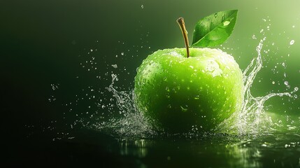 Poster - Fresh green apple with water splash effect on dark green background, perfect for summer vibes