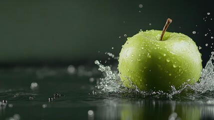 Poster - Fresh green apple with water splash effect on dark green background, perfect for summer vibes