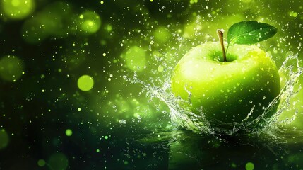 Poster - Fresh green apple with water splash effect on dark green background, perfect for summer vibes