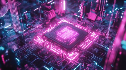 Fototapete - Futuristic AI chip surrounded by neon lights and streaming data, advanced technology feel