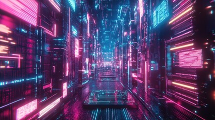 Fototapete - Futuristic AI chip surrounded by neon lights and streaming data, advanced technology feel