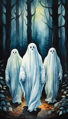 Poster - Enchanting Ghostly Figures Illuminate a Dark Forest in Watercolor Art Style, Perfect for Halloween or Fantasy Themes