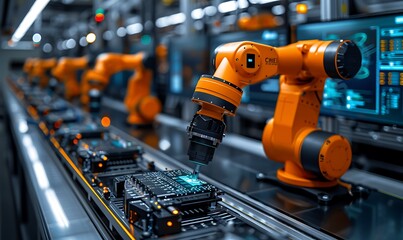 Poster - A robotic arm assembles electronic components on a production line, showcasing automation and advanced manufacturing technology.