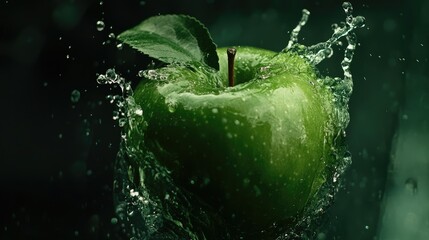 Poster - Green apple splashing in water on dark green background, fresh and vibrant