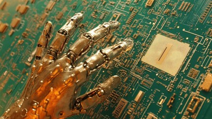 Poster - Metallic AI hand reaching towards digital interface with circuit board details