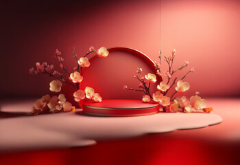 Poster - A golden podium sits on a red platform adorned with pink blossoms and surrounded by a red, semi-circular frame.