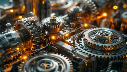 Fototapete - A detailed view of interlocking metallic gears illuminated by warm lights, showcasing intricate design and engineering craftsmanship.
