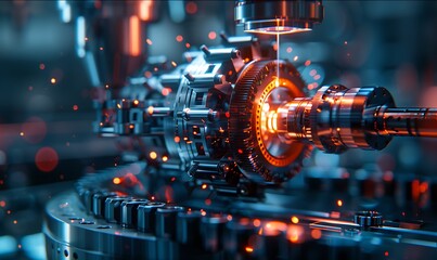 Poster - A highly detailed mechanical component with glowing elements, showcasing advanced engineering and technology in a dynamic, industrial setting.