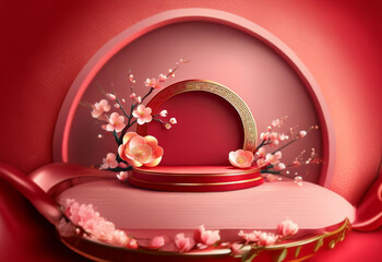 Aufkleber - A red and gold podium with a pink ribbon sits in front of a stylized archway, accented by delicate pink blossoms.