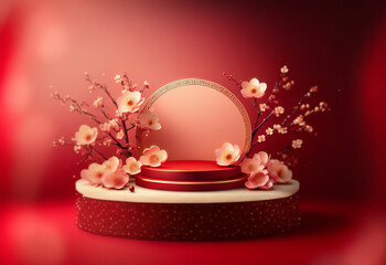 Poster - A red and gold circular podium with delicate pink blossoms, set against a red background.