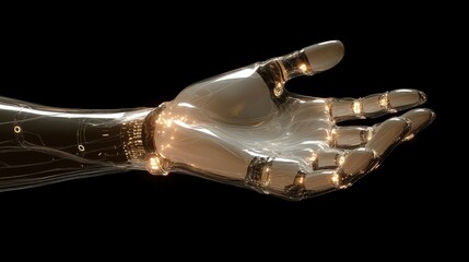 Poster - Transparent robotic hand reaching out in a sleek, modern style, glowing tech details visible