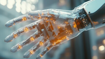 Poster - Transparent robotic hand reaching out in a sleek, modern style, glowing tech details visible