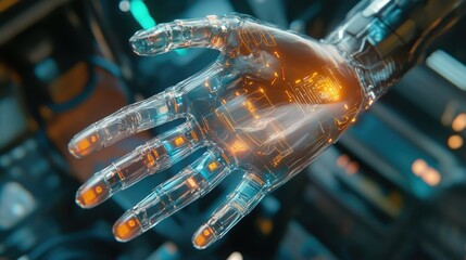 Poster - Transparent robotic hand reaching out in a sleek, modern style, glowing tech details visible