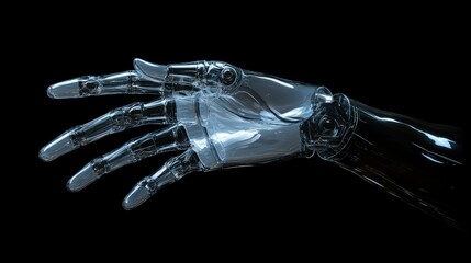 Poster - Transparent robotic hand with sleek, futuristic design reaching out on dark background