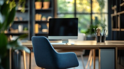 Poster - A computer desk with a blue chair and a computer monitor. The desk is cluttered with books and a potted plant