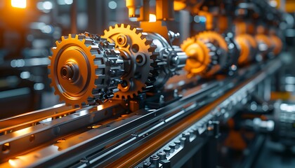 Aufkleber - A close-up view of interlocking gears and machinery parts in a factory setting, emphasizing industrial technology and mechanical precision.