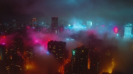 Poster - Vibrant cyberpunk city skyline with colorful lights and futuristic buildings under a smoky sky