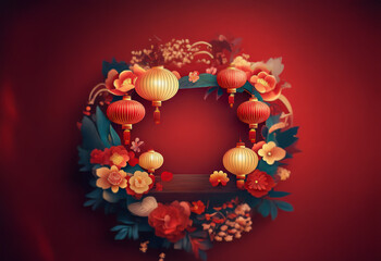 Poster - A circular wreath of flowers and Chinese lanterns with a wooden platform in the center against a red background.
