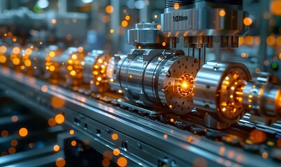 Aufkleber - A close-up of a metallic industrial machine with glowing elements, showcasing advanced engineering and precision in manufacturing.