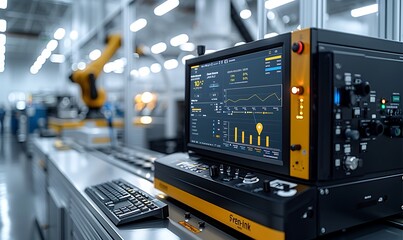Poster - High-tech manufacturing setup featuring a control panel with digital displays, alongside robotic equipment in a modern factory environment.