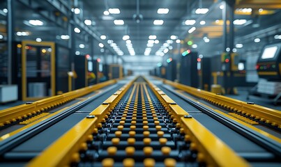 Leinwandbilder - A detailed industrial setting featuring a conveyor belt with yellow accents, leading into a spacious, illuminated space filled with machinery.