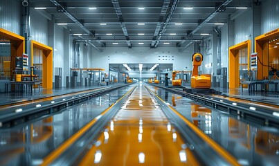Poster - A sleek, modern industrial facility featuring robotic arms and automated production lines under bright lighting.