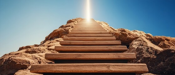 Steep winding staircase leading upward over a deep dramatic valley  Beams of ethereal light guide the way symbolizing the path to achievement success and personal growth