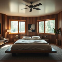 A midcentury modern master suite with a platform bed wooden elements and large windows offering a stylish and serene bedroom space with a touch of natural beauty master bedroom Ultra realistic 