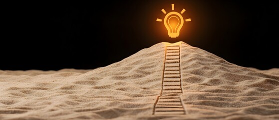 Conceptual roadmap on sand depicting a ladder or stairs leading to success symbols with a glowing sunrise lighting the path forward as a metaphor for innovation growth and achieving one s goals