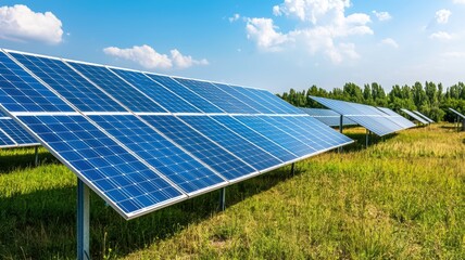 A vast field of solar panels basking in sunlight, renewable energy technology against a backdrop of blue skies and greenery.