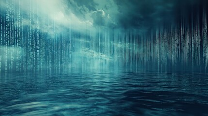 Fototapete - conceptual artwork featuring a blend of blurry computer language intertwined with the serene beauty of a calm blue water surface.