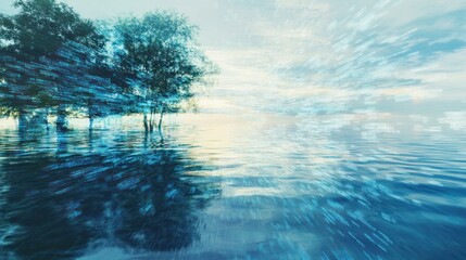 Fototapete - conceptual artwork featuring a blend of blurry computer language intertwined with the serene beauty of a calm blue water surface.