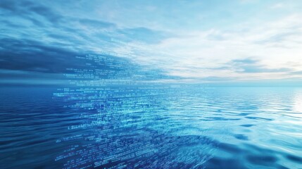 Fototapete - conceptual artwork featuring a blend of blurry computer language intertwined with the serene beauty of a calm blue water surface.
