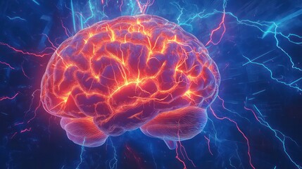 Poster - detailed digital illustration of a human brain showcasing vibrant electrical activity. The background is a rich blue, with bright flashes and lightning